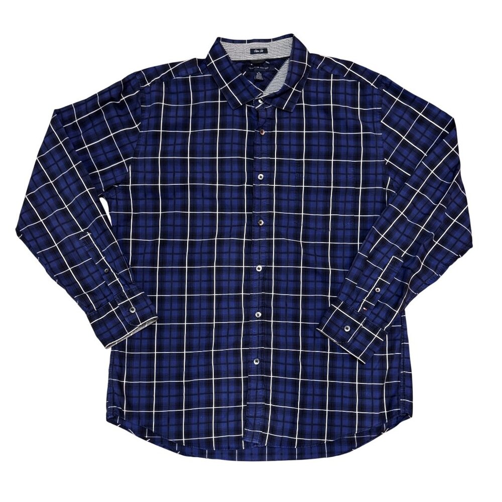 Tommy Hilfiger Mens Blue Plaid Button-Down Shirt XL Long-Sleeve Cotton Casual